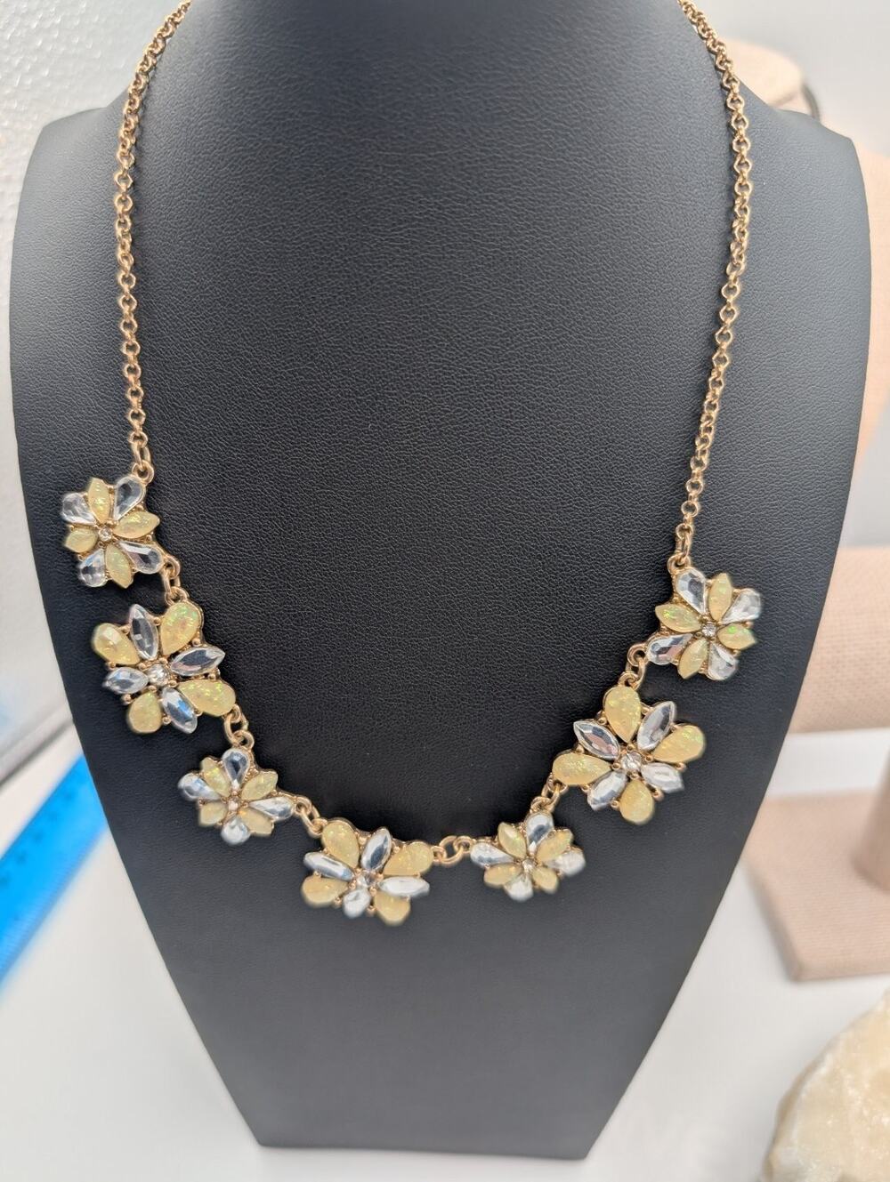 Gold Tone Floral Statement Necklace Clear & Yellow Pear Cut Rhinestones Fashion